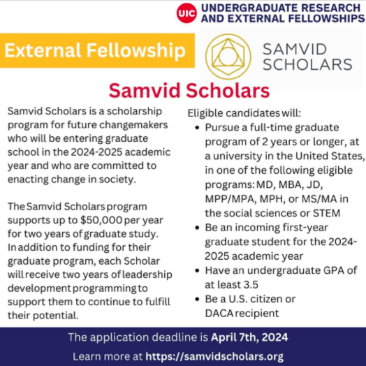 Calling all graduating seniors and recent alums interested in grad school!The Samvid Scholars program application is open! Competitive candidates will demonstrate commitment to driving change for society through past experience and future goals.

Contact UREF today if interested!