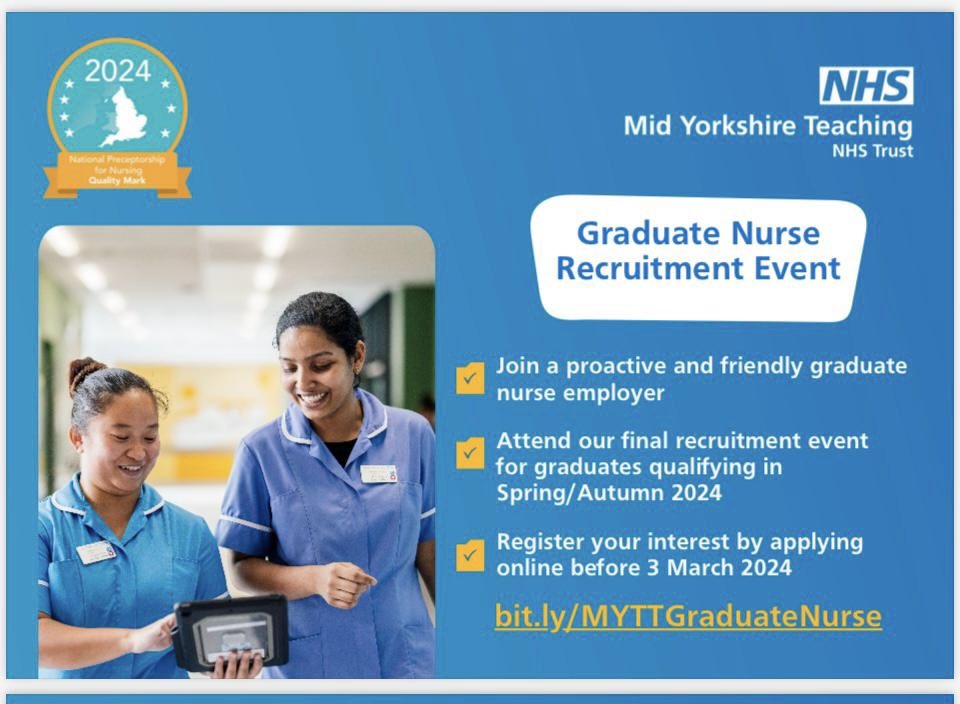 PDEUteam's tweet image. ⭐️⭐️ Calling all 3rd student nurses, if you are due to qualify in 2024, our next graduate recruitment event will be in March 2024, please apply online via NHS jobs before 3.3.24 and we could be supporting you as a graduate in the near future ⭐️⭐️
