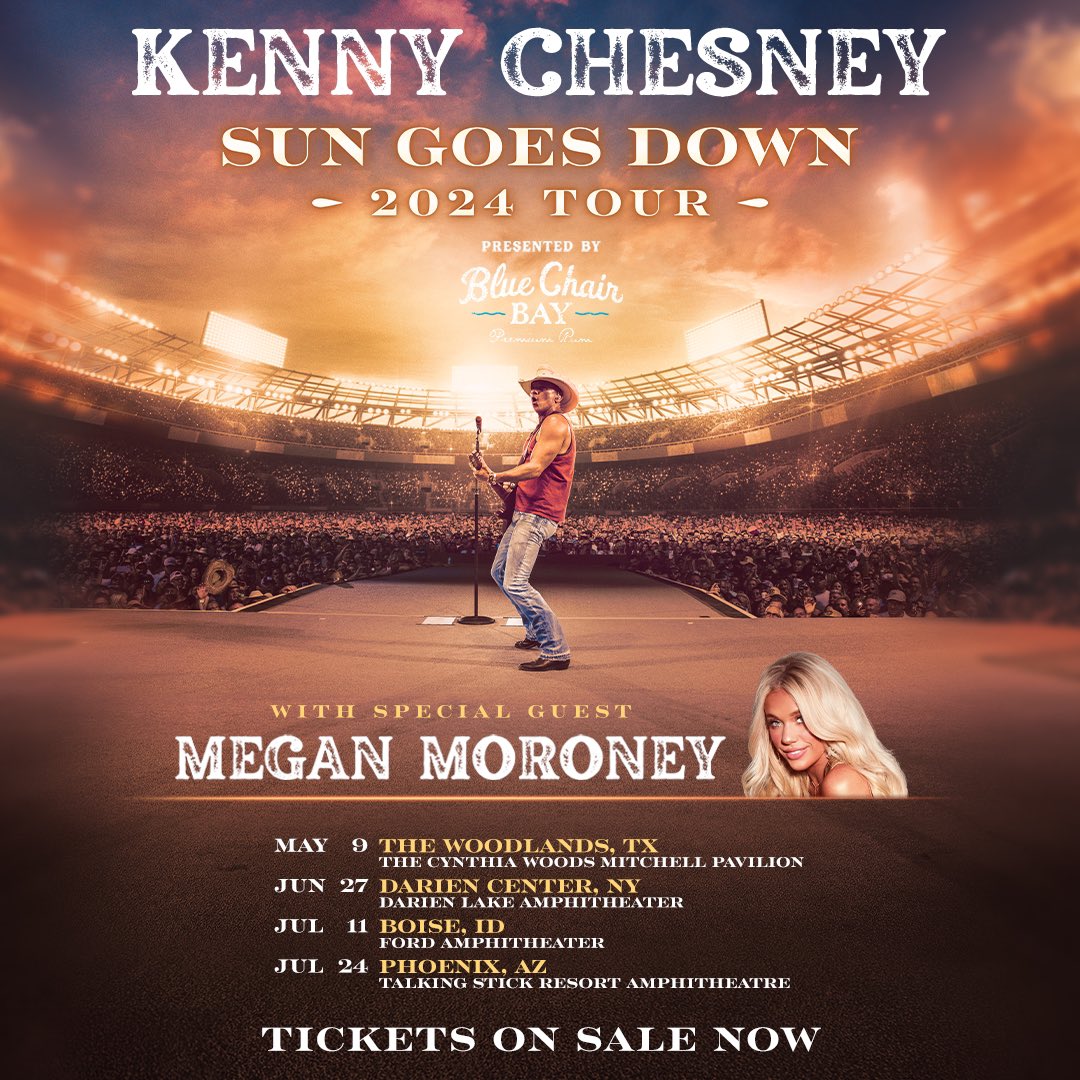 Tickets to the #SunGoesDownTour amphitheater dates with <a href="/_megmoroney/">Megan Moroney</a> are on sale now! Can’t wait to see you this summer, <a href="/noshoesnation/">No Shoes Nation</a>. Get tickets at kennychesney.com/tour.