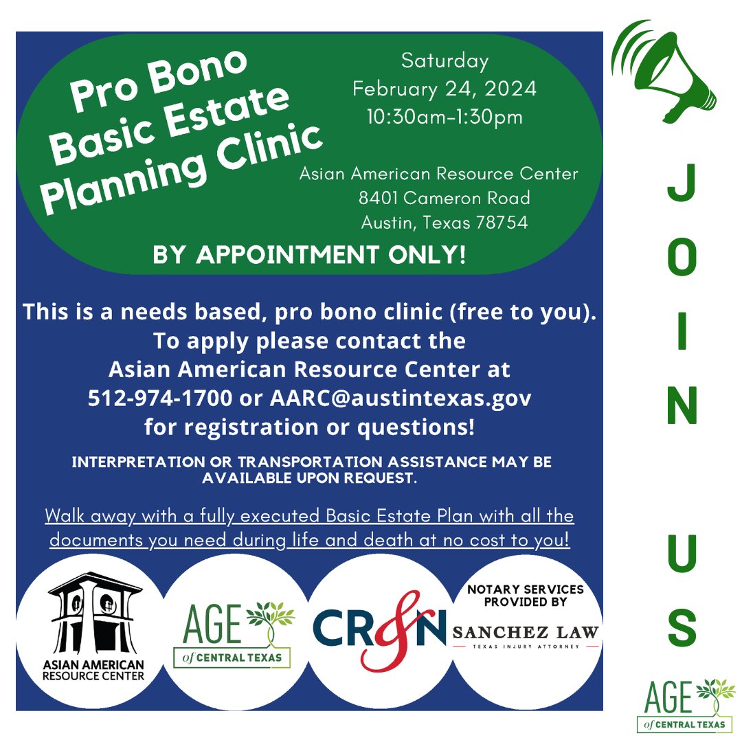 One day left to register for the pro bono basic estate planning clinic at the Asian American Resource Center on 2/24 from 10:30am-1:30pm! Attendees get a basic estate plan, covering essential documents for life &amp; death. To register call 512-974-1700 or email AARC@austintexas.gov.