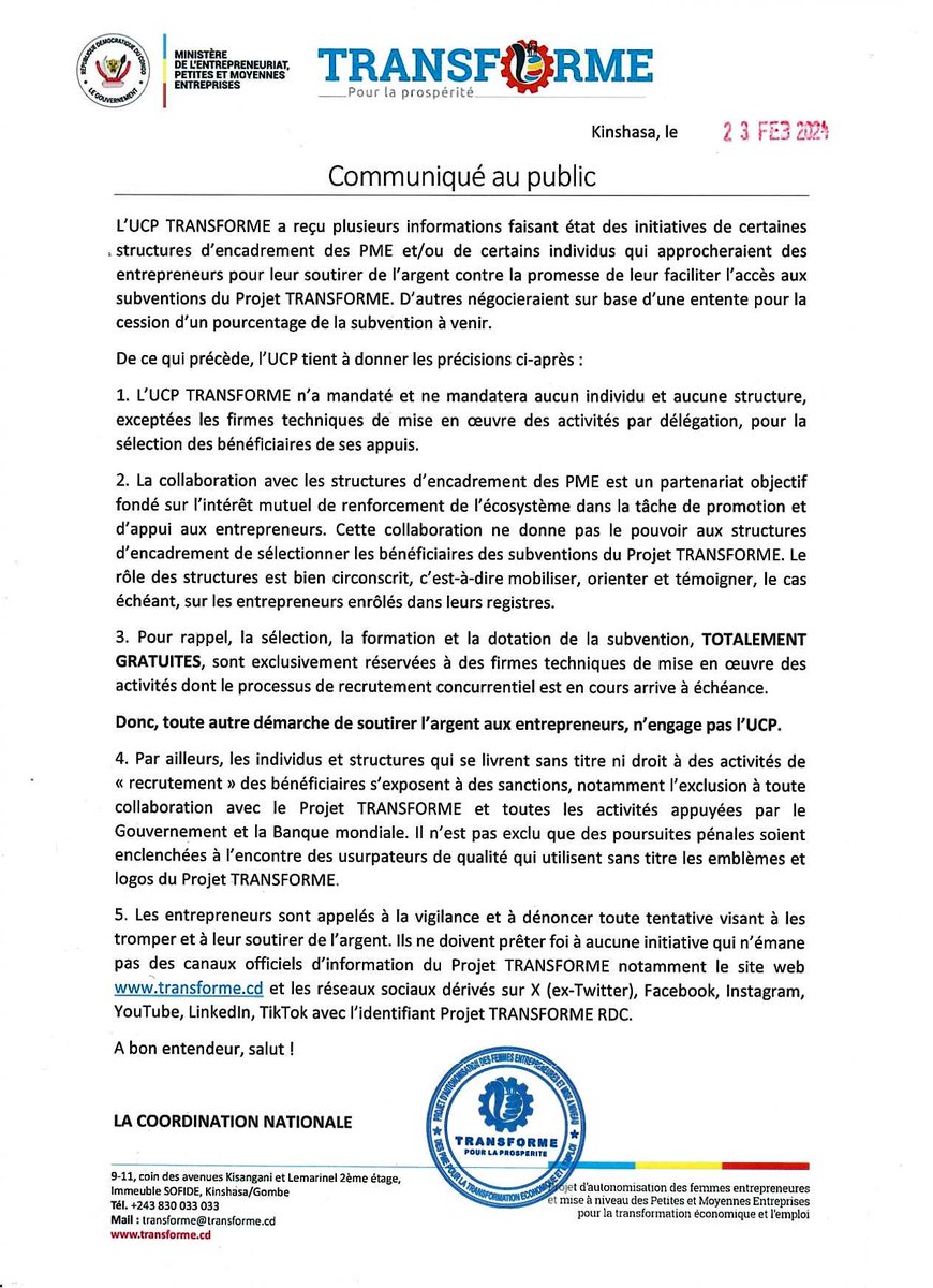 RdcTransforme's tweet photo. Le Projet TRANSFORME :
📌 N'a pas mandaté des structures associatives pour enregistrer les bénéficiaires
📌 Ne demande pas de l'argent pour participer à ses activités. C'est GRATUIT.
Merci de faire large diffusion https://t.co/MD1J7mppp6