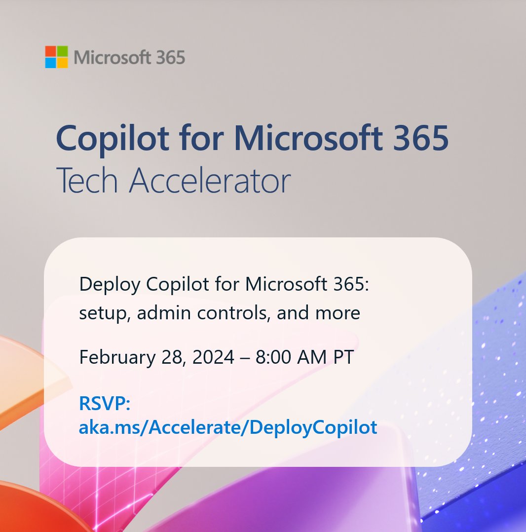 MSFTMechanics's tweet photo. Get ready for two days of insights, demos, and deep dives on Copilot for Microsoft 365. Join @deployjeremy, as he shares how to Deploy Copilot for Microsoft 365. 

RSVP: https://t.co/u5NZjILoZl

https://t.co/FkkN3ddDUf
#Copilot #Microsoft365 #GenerativeAI #CopilotAdmin https://t.co/hHr2ZgrdvJ