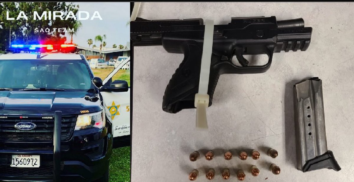 The La Mirada SAO Team conducted a criminal threats investigation.  The suspect was located and arrested without incident.  A loaded and unregistered firearm was also located and retrieved from the suspect vehicle.  @lasdhq <a href="/LaMiradaPS/">La Mirada Public Safety</a> #Whittier @cityofnorwalkca