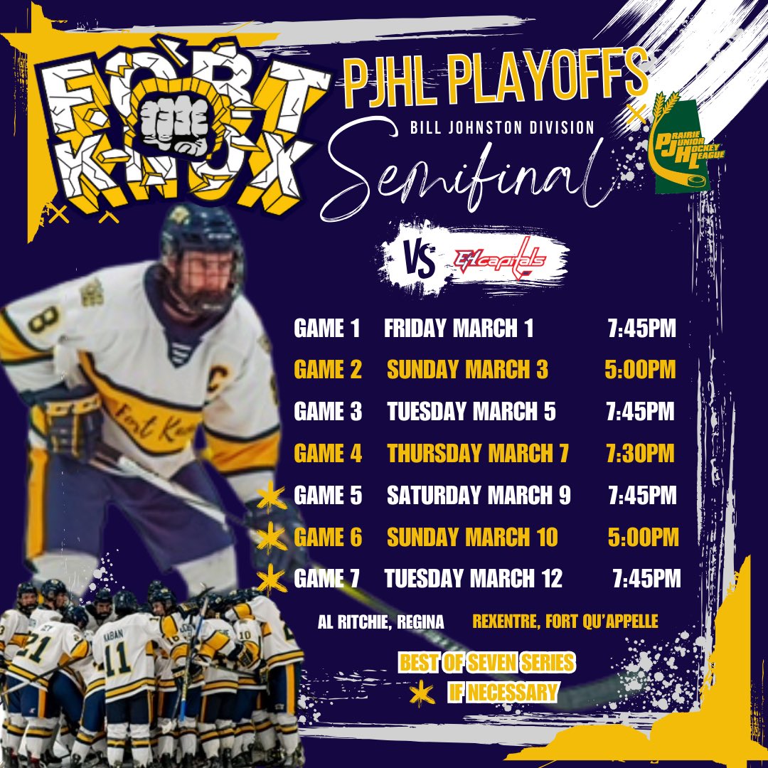 Bill Johnston Division Semifinal Series Schedule 🏒 Fort Knox vs Regina Capitals