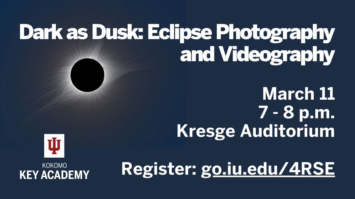 Have you seen a photo or video of a solar eclipse? Want to learn how to do that? Learn how at the next session in our KEY Academy series leading up to the April 8 solar eclipse! #MyIUK #IUKBetterTogether

Register: go.iu.edu/4RSE