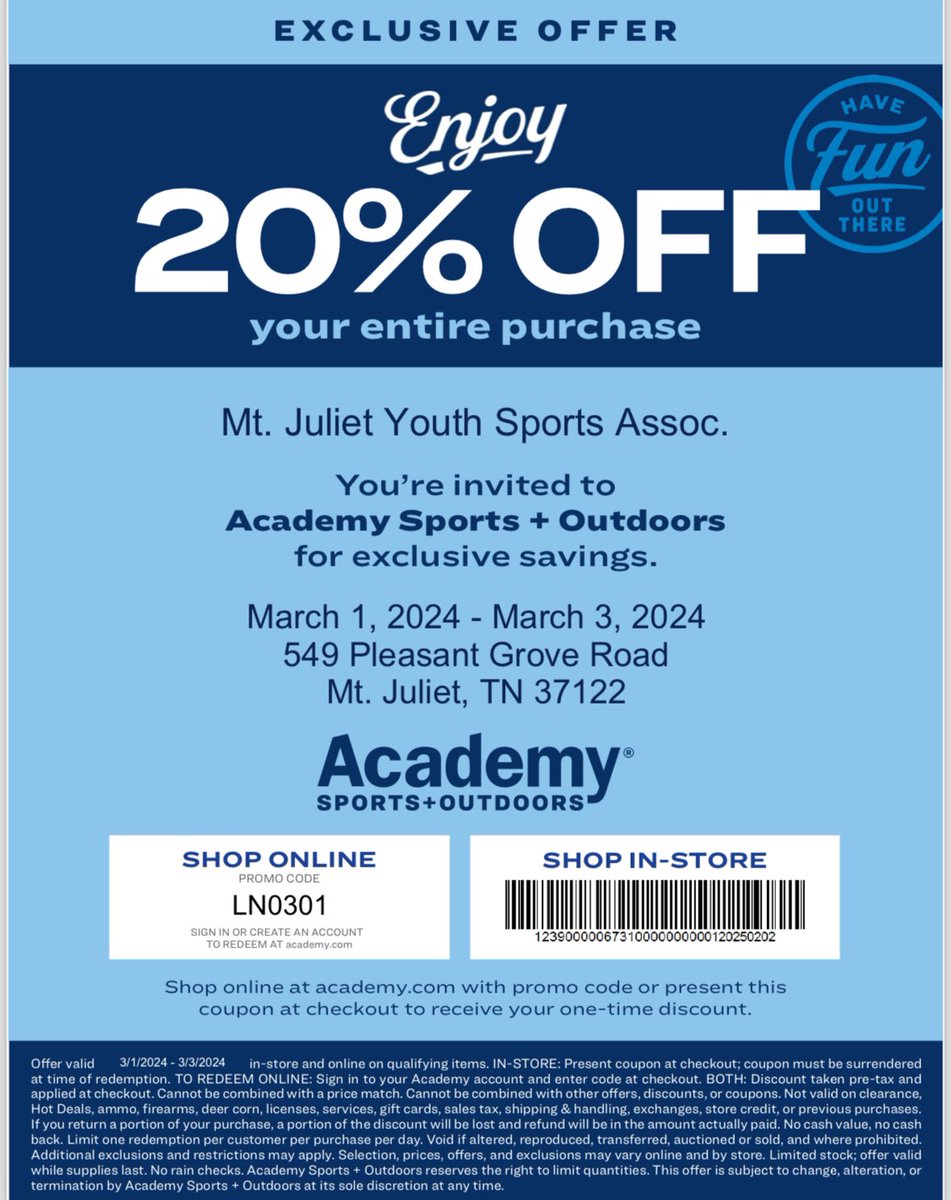 **Next Weekend**  
Save 20% on your entire purchase at Academy Sports +Outdoors when you use the attached coupon. Great for grabbing flag gear, fishing &amp; camping gear.   Flag Gear Needed: Cleats, Shorts or athletic pants (no pockets)
Strapless mouth guard.