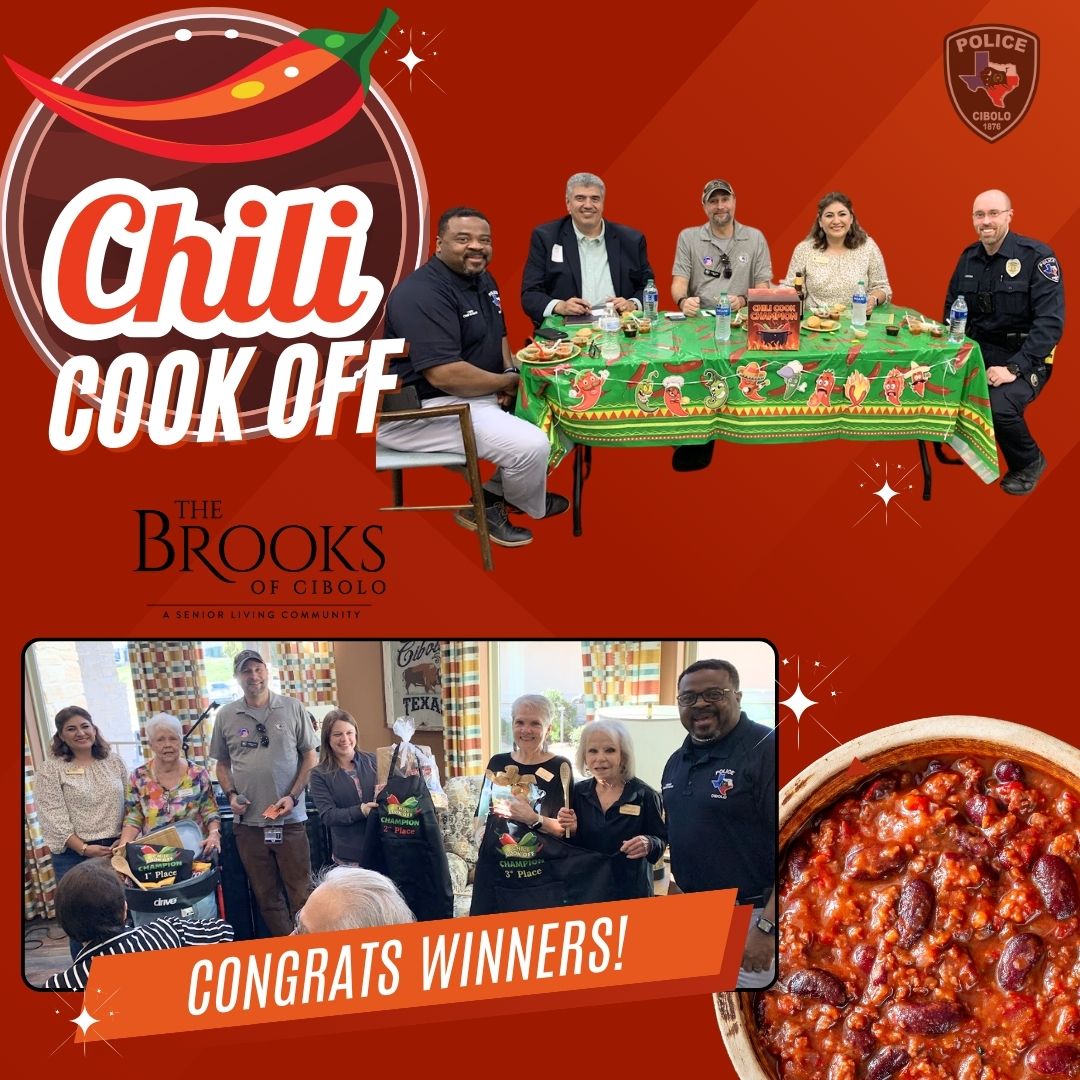 CiboloPD's tweet photo. Yesterday afternoon, Chief Andres was invited to join Mayor Mark Allen, Councilwoman Norma Sanchez-Stephens, and @RepCuellar staff as judges for The Brooks of Cibolo’s 3rd Annual Chili Cookoff Competition for residents. #seniorliving #PartneringwiththeCommunity @cityofcibolotx https://t.co/LCaEgNjBd4