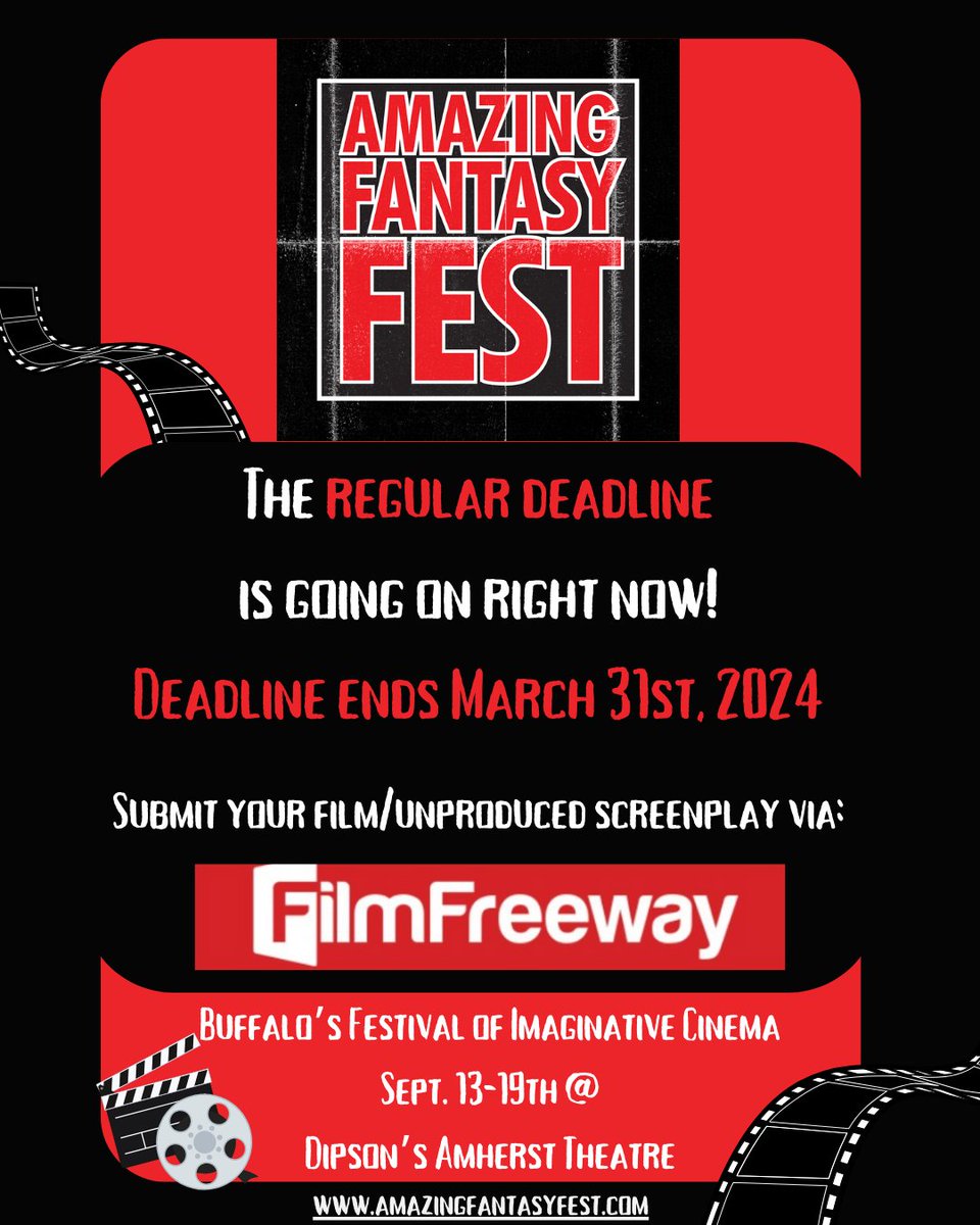 Digi_Guerrilla's tweet image. 🚨 The REGULAR Deadline is going on right now for all Short, Micro Short, and Feature films along with un-produced screenplays! 🚨

Be sure to check out amazingfantasyfest.com for more info and submit your film/un-produced screenplay via filmfreeway.com/AmazingFantasy…!