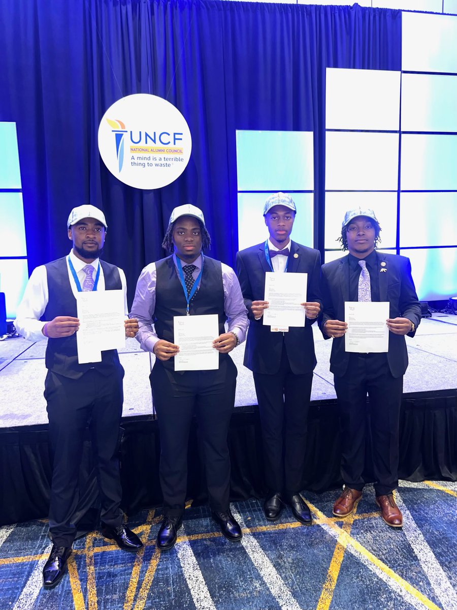 Congratulations to our scholars Jalen Stewart, Antonio Lockett Jr., James Fields IV, and Christopher McCollum for their selection as recipients of the EMT Merit Scholarship at the 2024 Annual UNCF NAC/ NPAC Leadership Conference! 💜💛 #MilesCollege #HBCU #Scholars