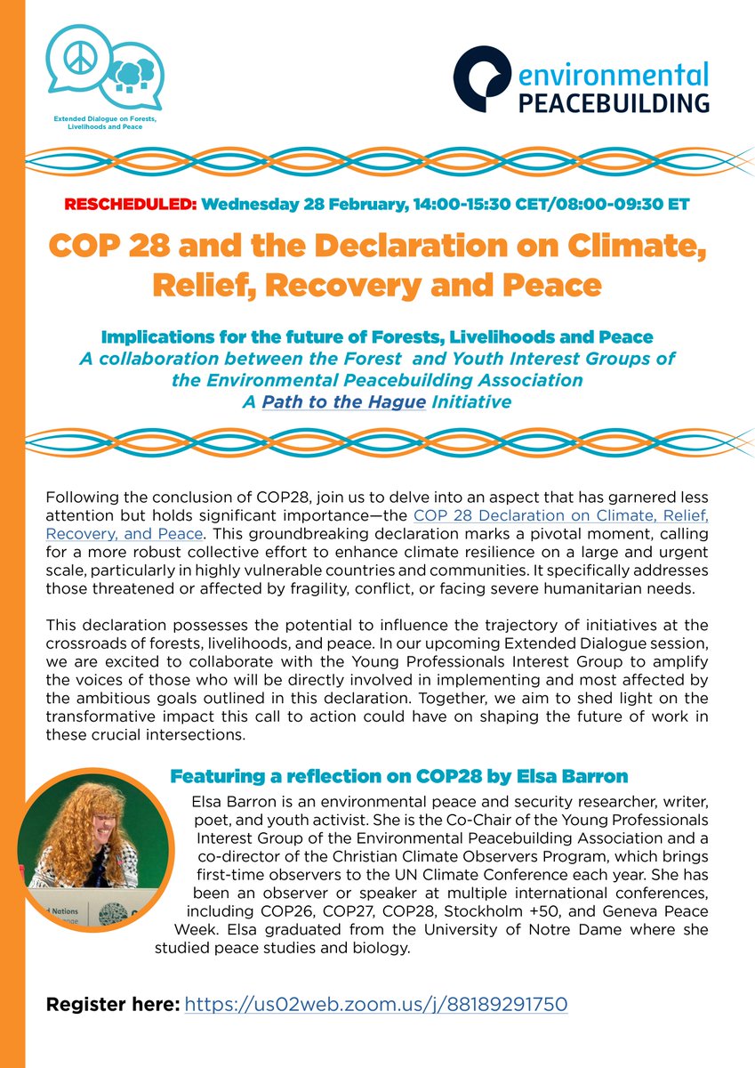 Rescheduled! On 28 Feb., the Forest and Youth Interest Groups will co-host an event on 'Declaration on Climate, Relief, Recovery and Peace' that will feature a reflection from the Youth Interest Group's Elsa Barron. Register here: bit.ly/ForestsCop28