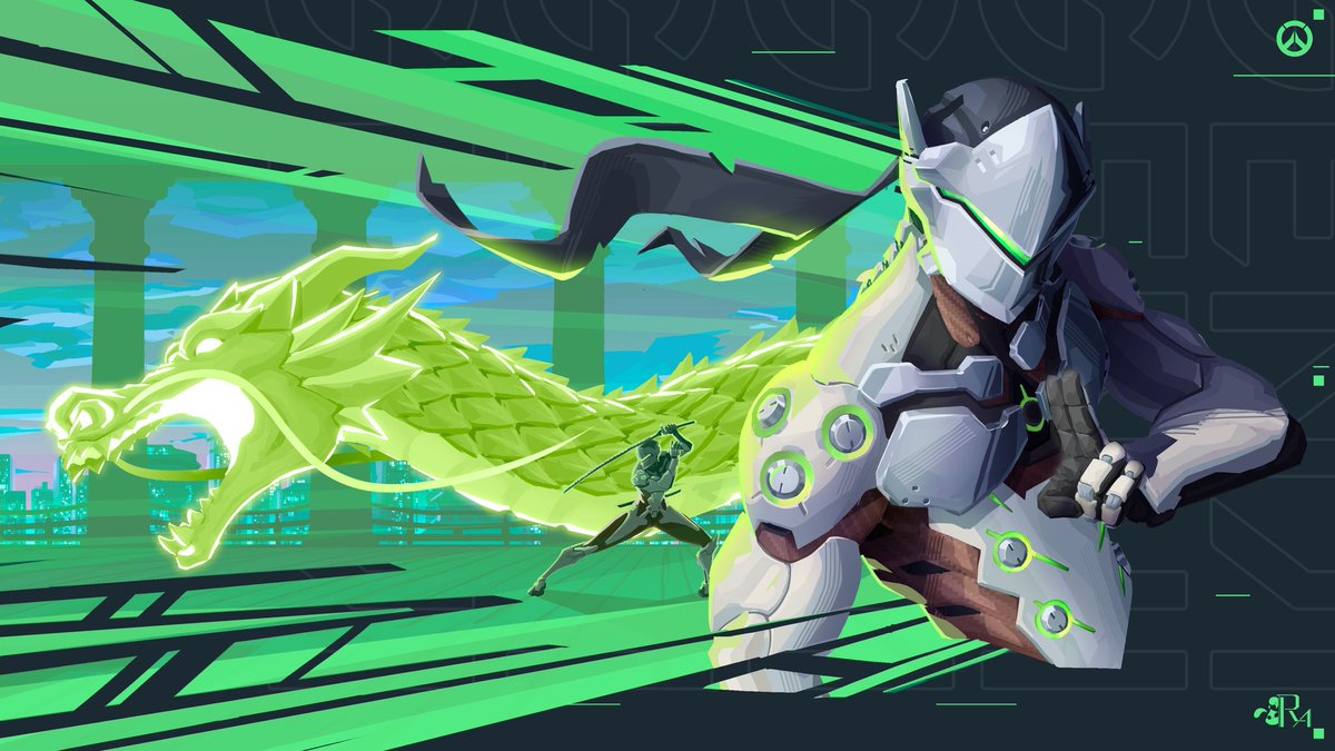 ⛩️ GENJI FAN ART ⛩️ 
I made this illustration from the video game Overwatch. I really like how the idea of making a #Valorant style poster turned out. 

#Overwatch2  #OverwatchFanart  #illustation #genji #digitalart #fanart #Dragon #poster