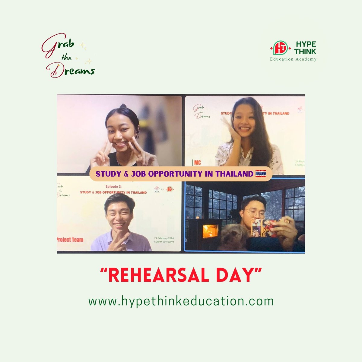 aungttant's tweet photo. "Grab the Dreams" Episode 2: Study &amp; Job Opportunity in Thailand webinar “Rehearsal Day” 🤍 @HypeThink 

#Visa #StudyInThailand #StudyAborad
#HypeThink #AungTTant https://t.co/gs5ZE9Pegy