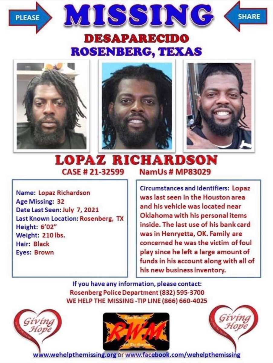 FindOurMissing_'s tweet image. 32-year-old Lopaz Richardson was last seen around 11am on July 5, 2021 in Spring, Texas. 

He was last seen by his wife while dropping his daughter off.
#Missing #Missingperson #MissinginTexas #FindOurMissing #MissinginAmerica