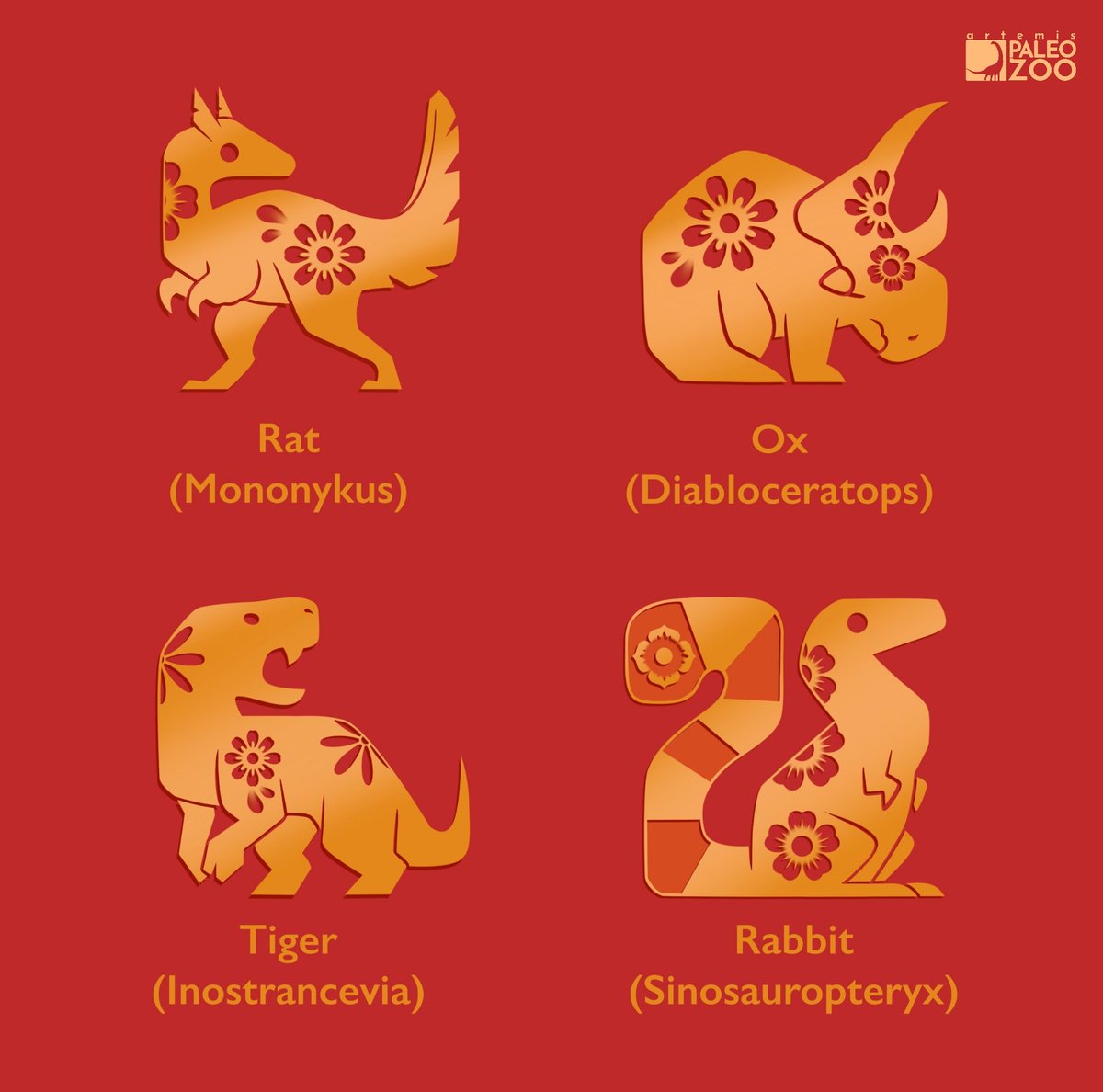 ProjectPaleozoo's tweet photo. A part of Chinese culture, the zodiac calendar represents a repeating, 12-year cycle with fortune and attributes associated with each animal. Our #APZ calendar does the same, reflecting the likeness of each species you may find!
Which prehistoric creature are you? 🐕🐍🐓🐉 https://t.co/hp91RDYCJl