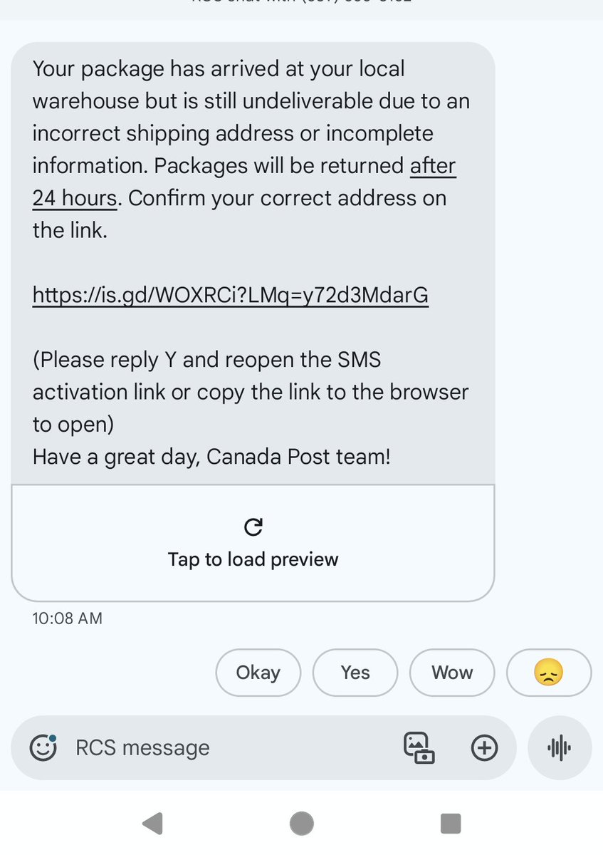 Reminder: these are scam text messages. 

From Canada Post: “Messages will only come from sender IDs 272727 or 55555 and only if you’ve signed up for notifications".

When you visit the links, they'll ask you to confirm your information, which will then be stolen &amp; used for fraud