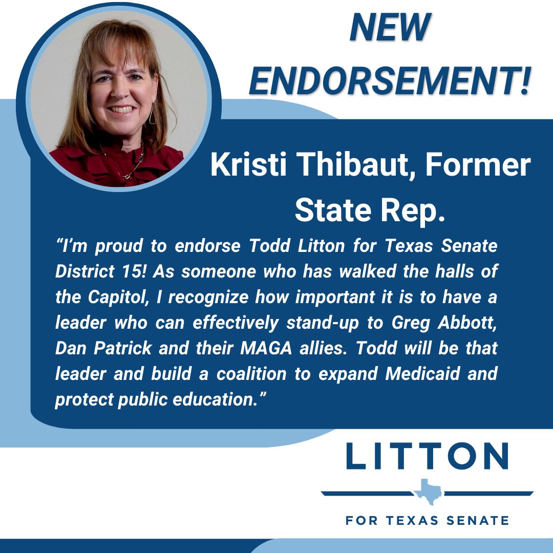 🚨 Another endorsement! I'm proud to be endorsed by former State Representative, Kristi Thibaut!