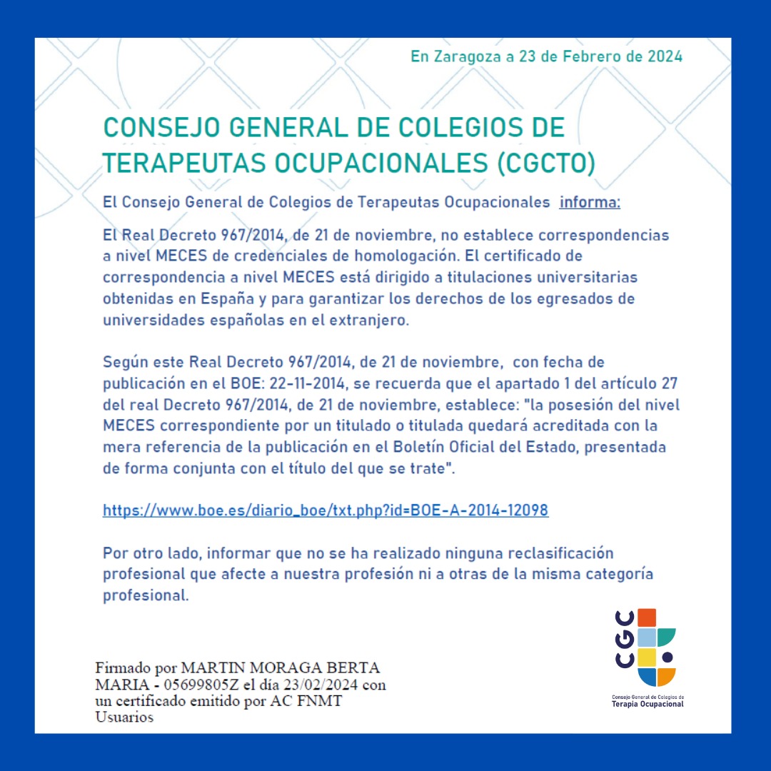 ConsejoTO's tweet photo. Comunicado para aclarar las dudas sobre el Nivel MECES y la reclasificación profesional.

#terapiaocupacional
#CGCTO https://t.co/CoN0Fc9kBM