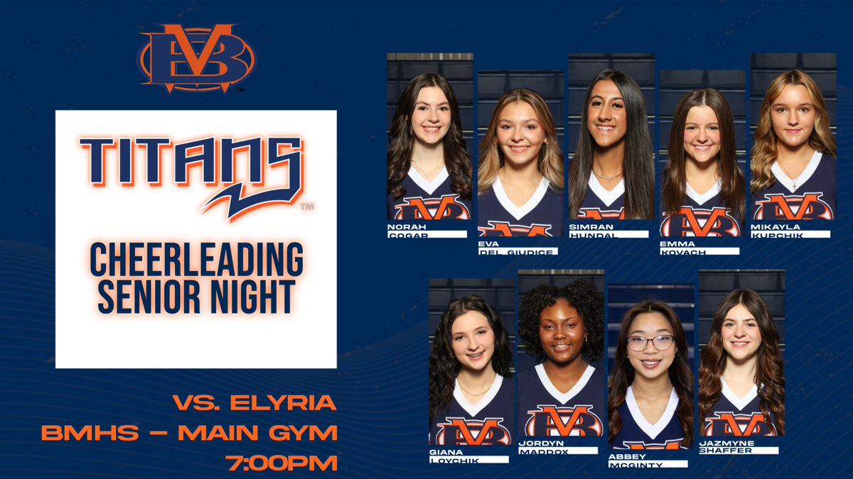 AthleticsBMHS's tweet photo. Congratulations to our Titans Senior Cheerleaders who we will recognize tonight between the JV and Varsity game. https://t.co/aYTk4V7Djn