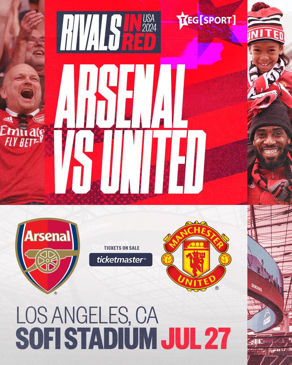 One of the fiercest rivalries is coming to Los Angeles this summer. @Arsenal will take on @ManUtd at #SoFiStadium on July 27.

Pre-sale opens 9am Monday February 26.
General on sale opens 9am Tuesday February 27.

#RivalsInRed