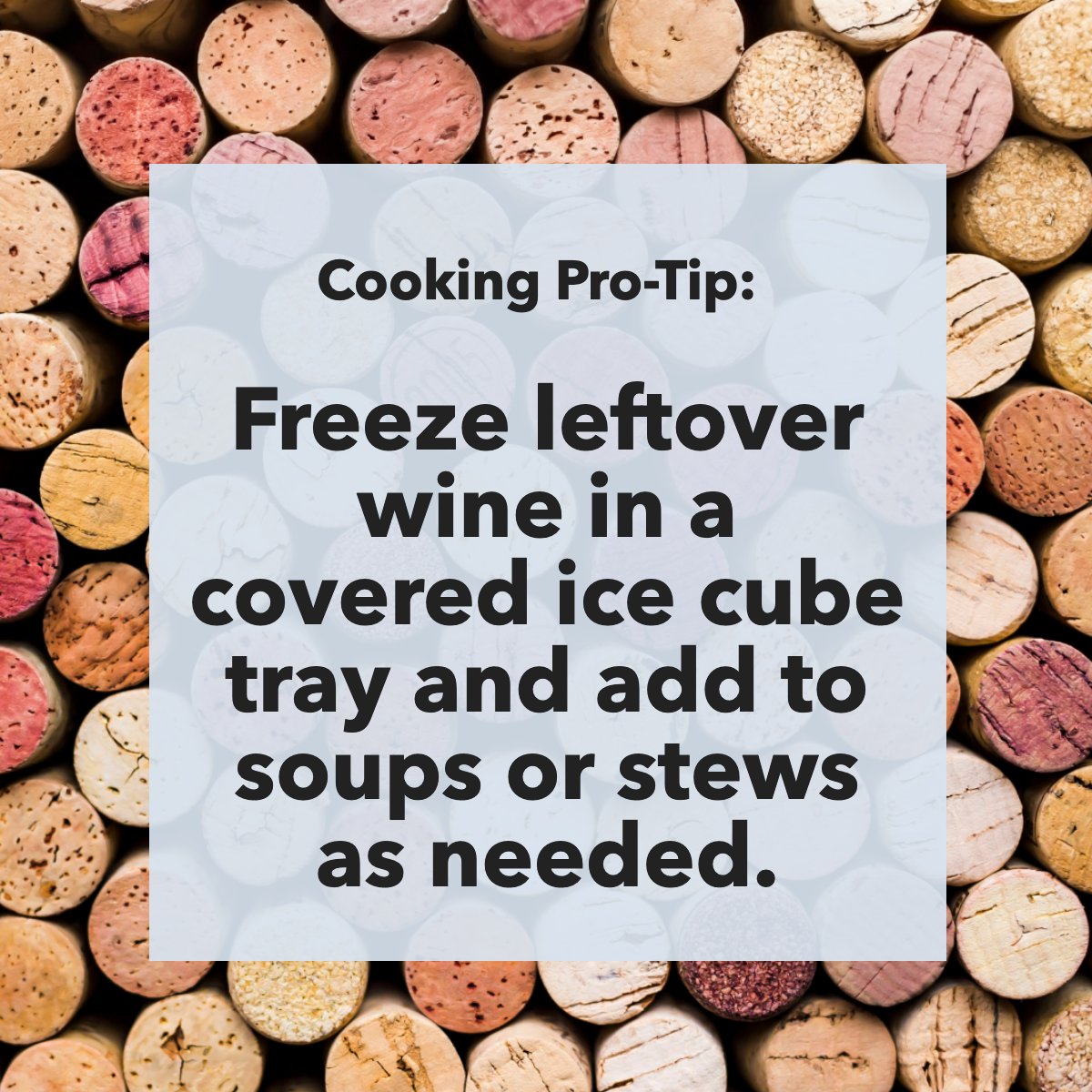 Leftover wine 🍷? Don't pour it down the drain. ❄️ Freeze it in a covered ice cube tray instead. That way, you can use it in soups or stews as needed. Do you have a favorite cooking hack? Share it below. #wine #winecorks #cooking #cookingtip #kitchenhack