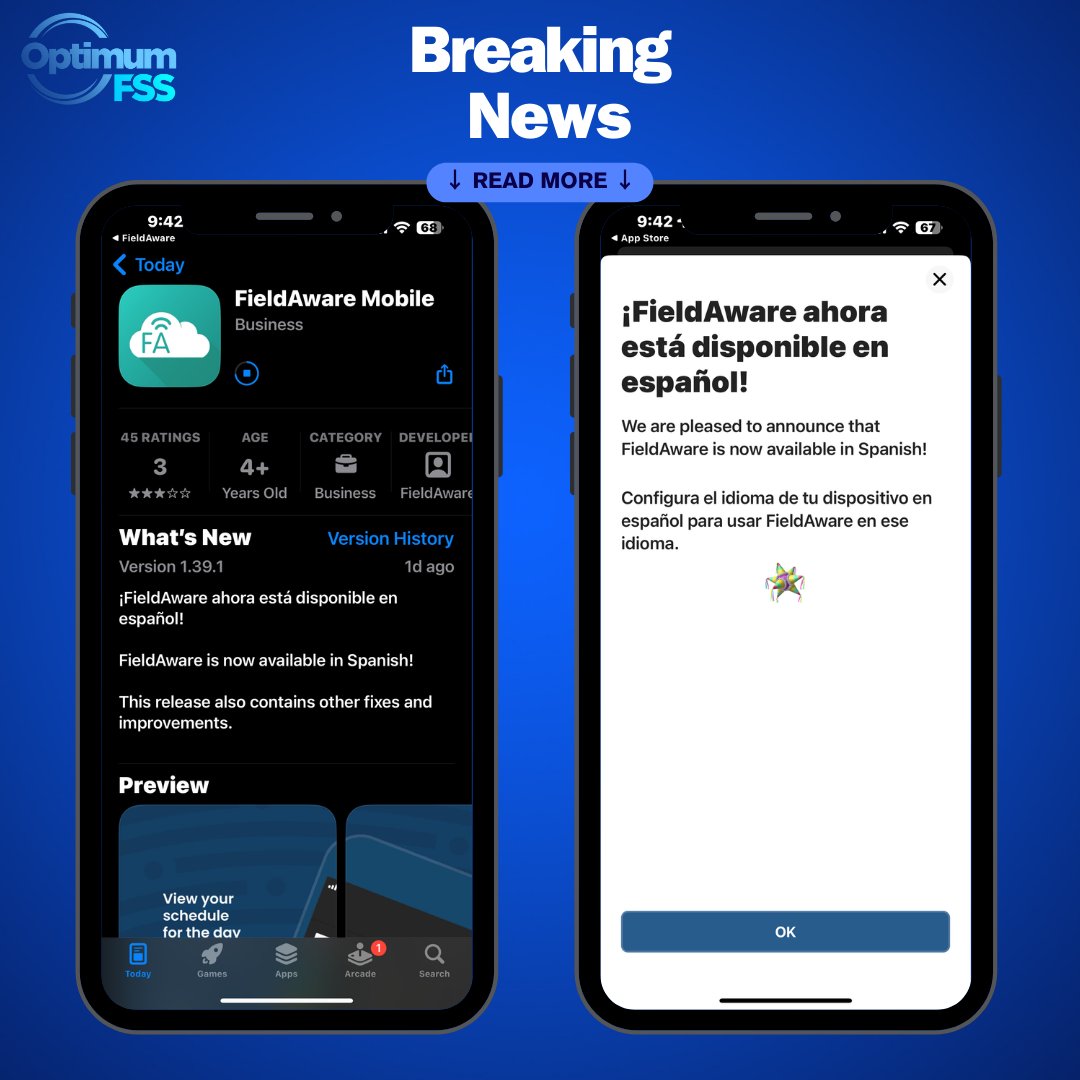OptimumFSS's tweet photo. We have some very exciting news this Field Service Management Friday! The FieldAware mobile app is now available in Spanish! Don't forget to update your app today, and contact us with any questions about how to get this up and running for your team.
#FieldServiceManagement #OFSS https://t.co/tKhnWKa9ow