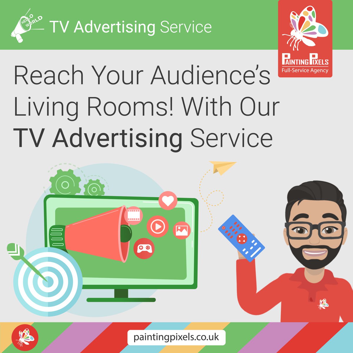 Reach millions of UK TV viewers with Painting Pixels' TV Advertising Service! 📺

✨ From consultation, creative advert production to ad submission, we handle every step of the process, ensuring your company, product, or service is clearly showcased on screen.