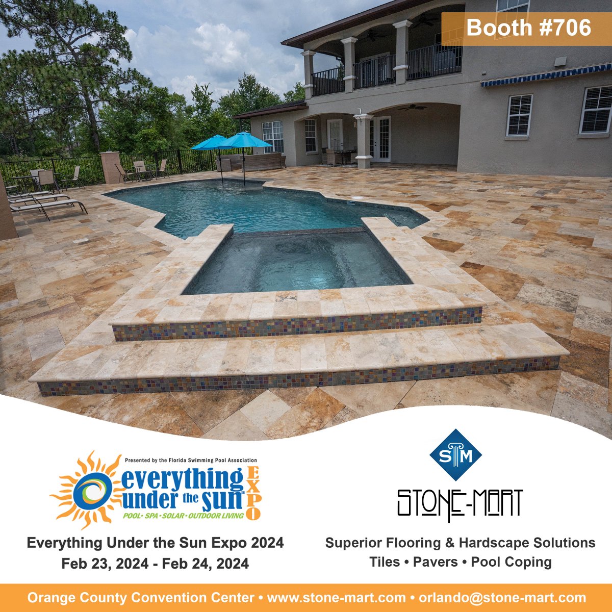 stonemartgroup's tweet image. Dive into the world of endless possibilities with Stone-Mart - Booth 706 at Everything Under the Sun Expo! 🏡✨
.
See you there!
.
#OutdoorLiving #EverythingUnderTheSunExpo #PoolandSpa #Pavers #PoolCoping #Travertine #Marble #NaturalStone