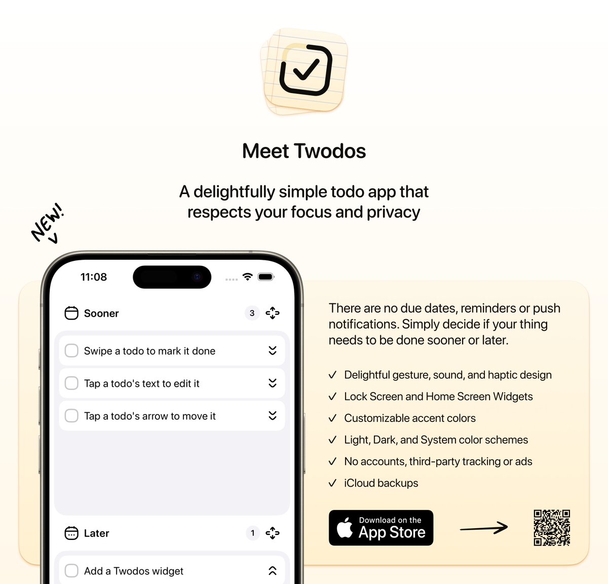 ✨ Meet Twodos, my new app. No due dates, reminders, or push notifications. You add a todo and decide if you want to do it sooner or later. That's it. I've poured a ton of time into every little detail of the app, so go explore it. 🔊 Sound on!