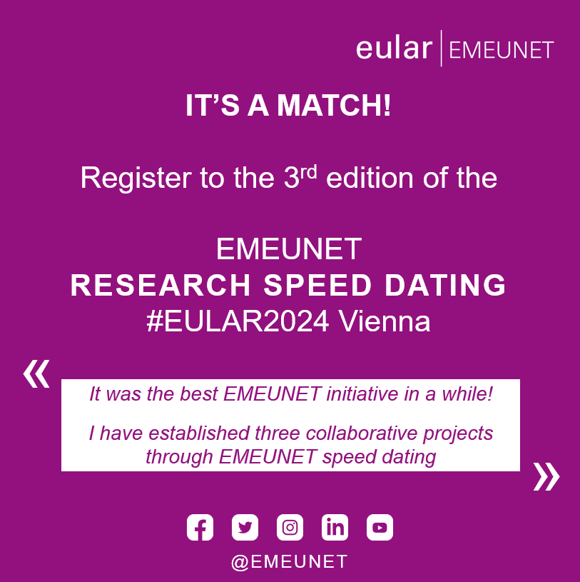 🌐 Register for the 3rd edition of EMEUNET Research Speed-Dating at #EULAR2024 in Vienna! 🇦🇹 📅June 13th ⏰14:45 to 15:45 CEST 🌟Networking opportunity for young rheumatologists and researchers 👉Research collaborations twtr.to/rZdkp