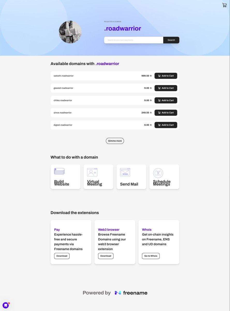 Register your own (dot).RoadWarrior domain name and represent your #digitalnomad lifestyle. Go to 👉 freename.io/discover/roadw… 🔥 Never a renewal fee. Yours forever! 🚀

<a href="/freenameio/">Freename</a> #web3domain #web3domains #freename #domains #Web3Names #Web3