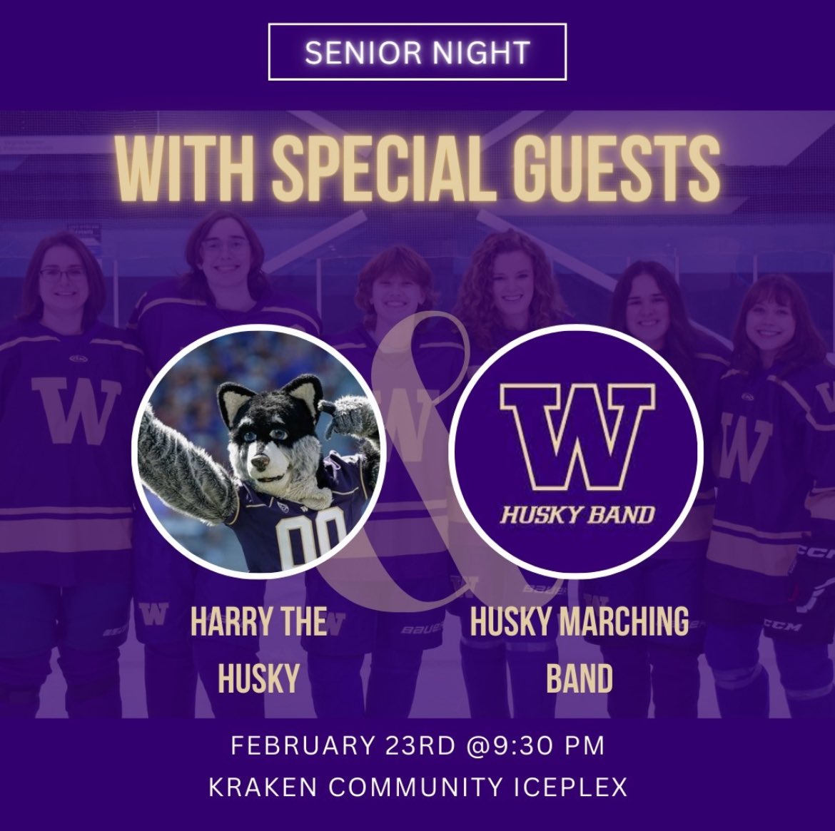 Senior Night Tonight! Come celebrate our seniors in the final game of the season. PLUS we have special guests that are sure to make the night feel extra special! 

Don’t miss out on some great hockey, an epic atmosphere, and again great hockey 🏒💜💛

#CollegeHockey #HuskyHockey