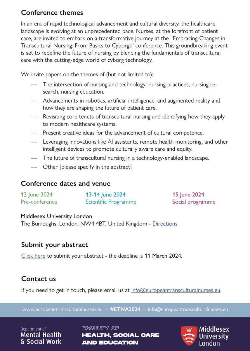 Alfonso Pezzella (@alfpezzella) on Twitter photo CallForAbstracts: 9th International European Transcultural Nursing Association (<a href="/ETNAtranNursing/">European Transcultural Nursing Association (ETNA)</a>) Conference, London, 12-15 June 2024 - Submit your abstract, share widely and we hope to see you <a href="/MiddlesexUni/">Middlesex University</a> #ETNA2024
🔗 europeantransculturalnurses.eu/conference CallForAbstracts: 9th International European Transcultural Nursing Association (<a href="/ETNAtranNursing/">European Transcultural Nursing Association (ETNA)</a>) Conference, London, 12-15 June 2024 - Submit your abstract, share widely and we hope to see you <a href="/MiddlesexUni/">Middlesex University</a> #ETNA2024
🔗 europeantransculturalnurses.eu/conference