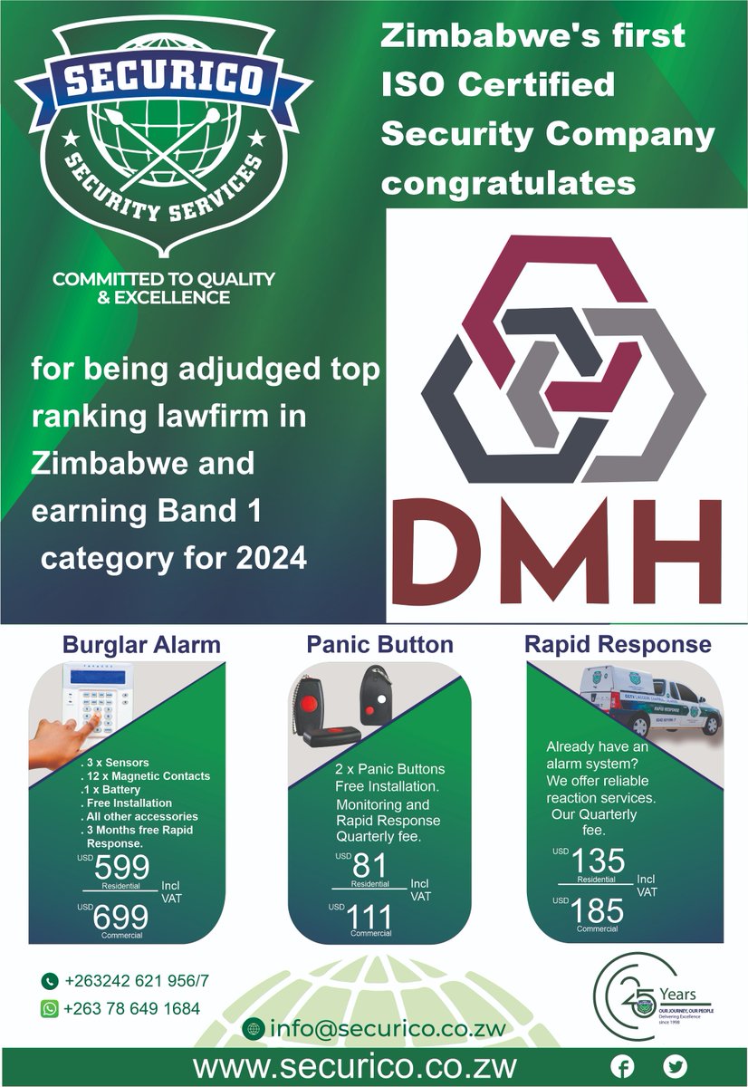 Securico Congratulates DMH: Zimbabwe's Leading Law Firm Secures Top Ranking and Band 1 Category in 2024, Setting the Bar for Legal Excellence.'