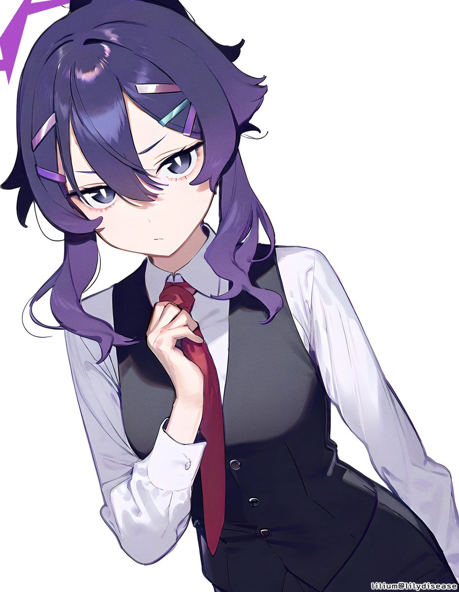 haruka (blue archive) 1girl necktie solo hair ornament hairclip halo purple hair  illustration images