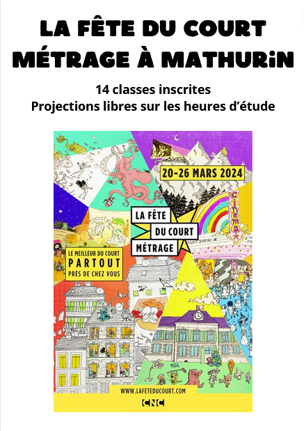 Semaine sous le signe du cinéma !
Le CDI a accueilli cette semaine le Ciné Club🎬 et les classes de 5ème ont ouvert en avant-première la  "Fête du court métrage" qui aura lieu en mars.
RDV à la rentrée pour les infos sur cette Fête. D'ici là, bonnes vacances !