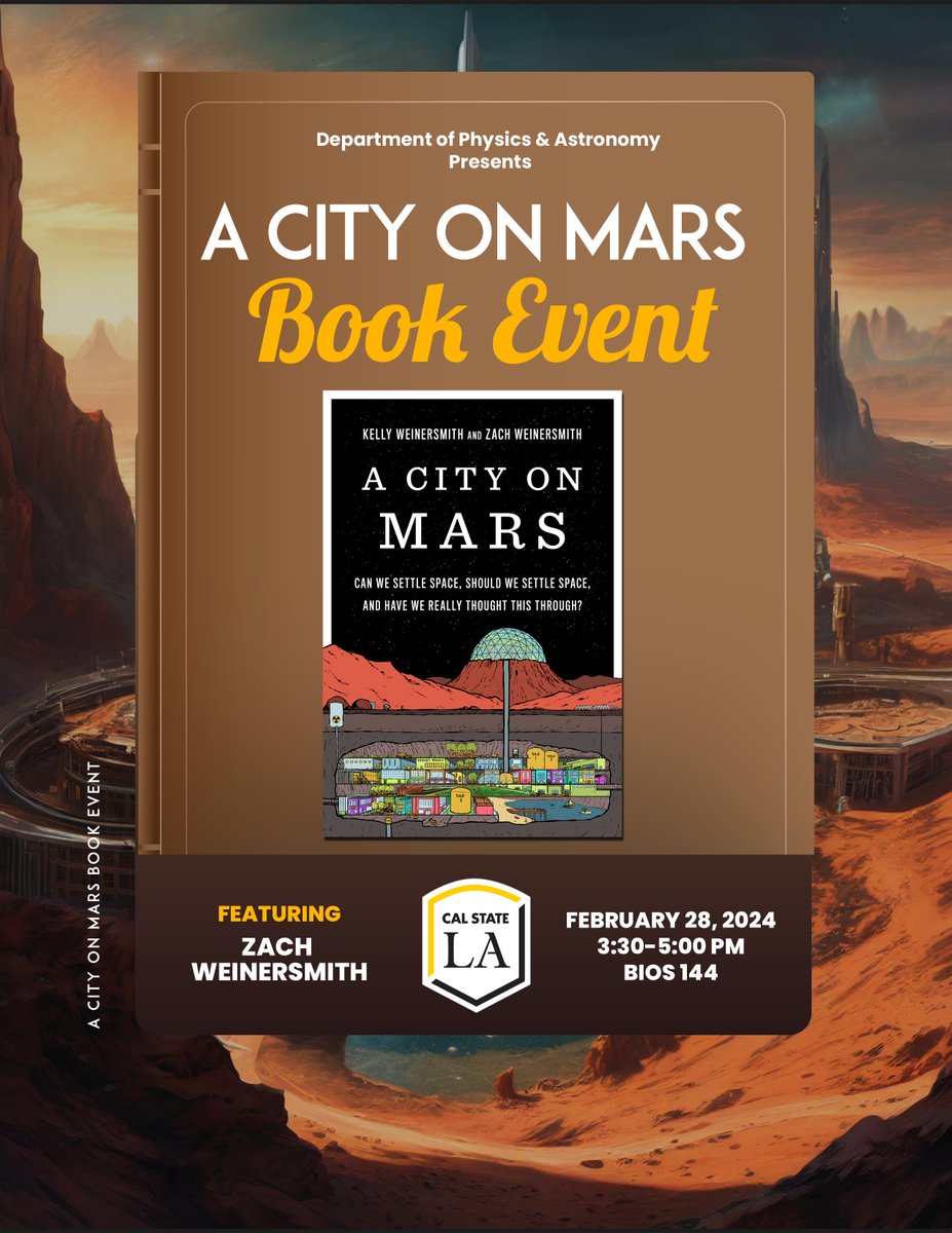 Join us on Feb 28, 2024, 3:30-5:00 PM in Bios 144 for an afternoon with Zach Weinersmith, co-author of 'A City on Mars.' Perfect for space enthusiasts and sci-fi lovers, dive into the future of humanity and Mars exploration! 
RSVP: calstatela.co1.qualtrics.com/jfe/form/SV_9X…