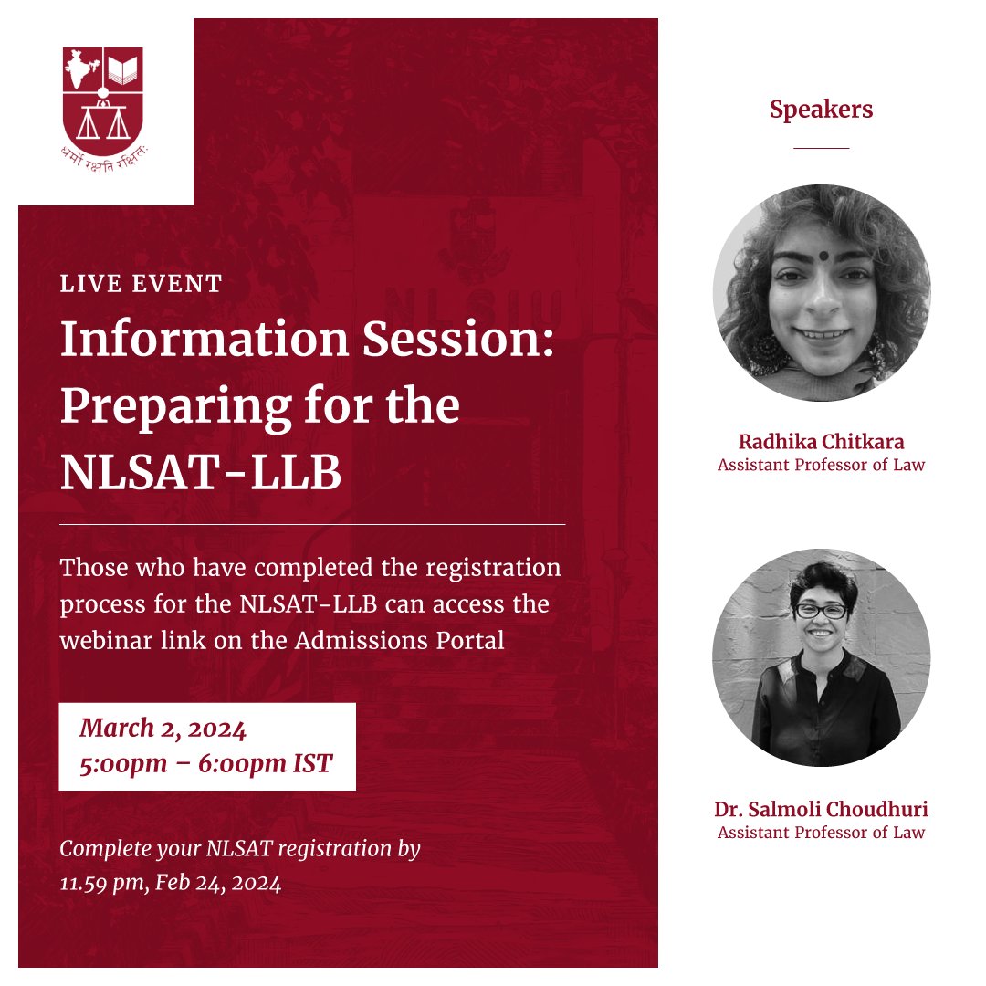 NLSIUofficial's tweet photo. Gearing up for the 3-Year LL.B. (Hons.) entrance test? #NLSAT
Don’t miss our live ‘Preparing for the NLSAT-LLB’ webinar on March 2, 2024.
Complete your NLSAT-LLB registration on the admissions portal (including payment) by 11:59 pm today to get access! https://t.co/Lj9exd1Fg7 https://t.co/j7CE4Njb1P