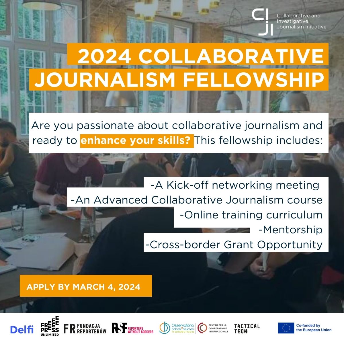 The #CIJI Collaborative Journalism Fellowship przyjmuje zgłoszenia. Aplikuj, aby skorzystać z: 💡Kursu Advanced Collaborative Journalism 💻Szkoleń online 🧠Mentoringu 🫶Okazji do nawiązywania nowych kontaktów 💰Możliwości uzyskania cross-borderowego grantu freepressunlimited.org/en/jobs/apply-…