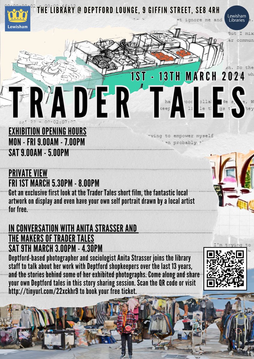 Only a week to go until the private view for Trader Tales at Deptford Lounge! Come on down on Friday 1st March for nibbles, the unveiling of the library team's great film about Deptford market and some wonderful work from local artists. tinyurl.com/4mya7y48 for more info.
