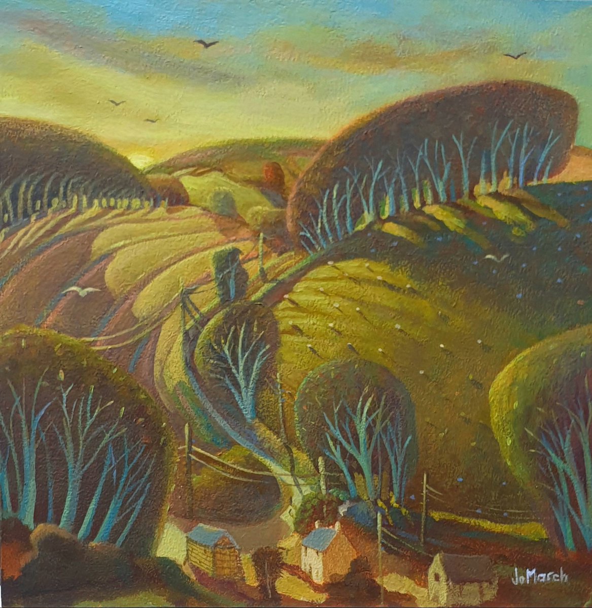 Farm In The Valley, a small painting of a golden evening. Honestly, it won't be raining forever