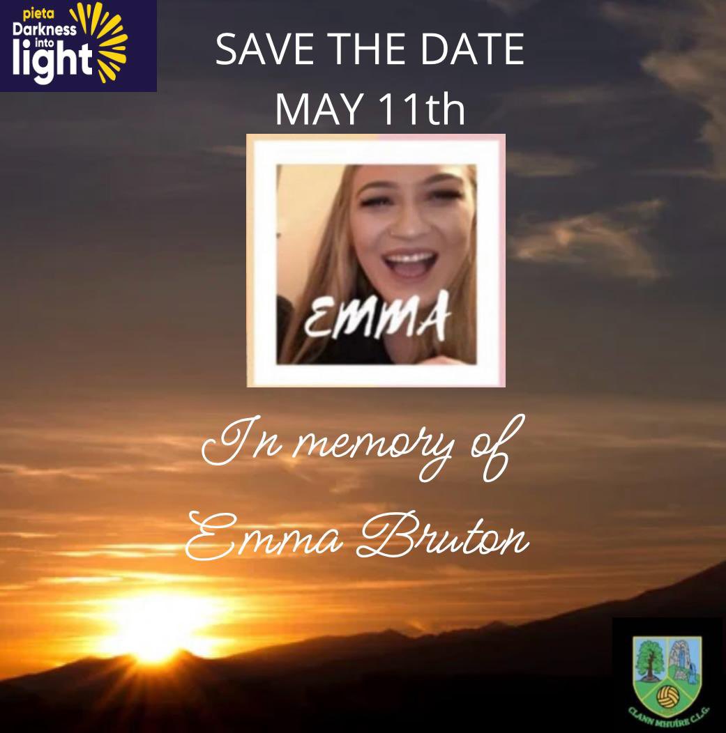 Come join us on Saturday May 11th for a Sunrise Walk in memory of our Team &amp; Club mate Emma Bruton for the annual Darkness Into Light Event to raise funds for Pieta House 💛💛

We will have a route set out around the block or if people want you can walk around the Club walkway.