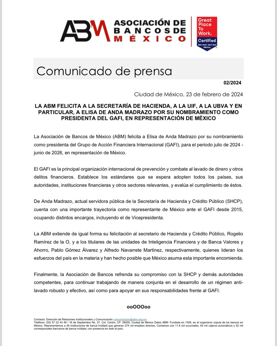 Comunicado de prensa
La ABM felicita a Elisa de Anda Madrazo por su nombramiento como presidenta del Grupo de Acción Financiera (GAFI)