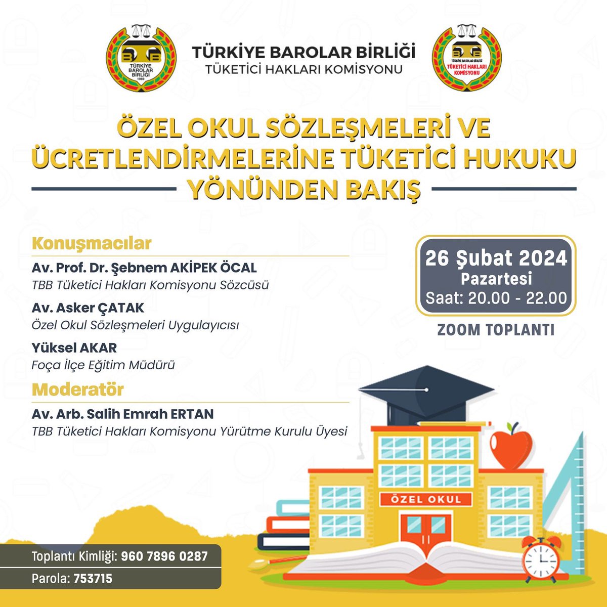 Son zamanların önemli bir gündem konusunu ele alıyoruz. Özel Okul Sözleşmeleri ve Ücretlendirmelerine Tüketici Hukuku Yönünden Bakış konulu webinarı 26 Şubat Pazartesi saat 20:00 de ZOOM üzerinden gerçekleştireceğiz. Tüm meslektaşlarımız ve ilgililer davetlidir. #Tüketici