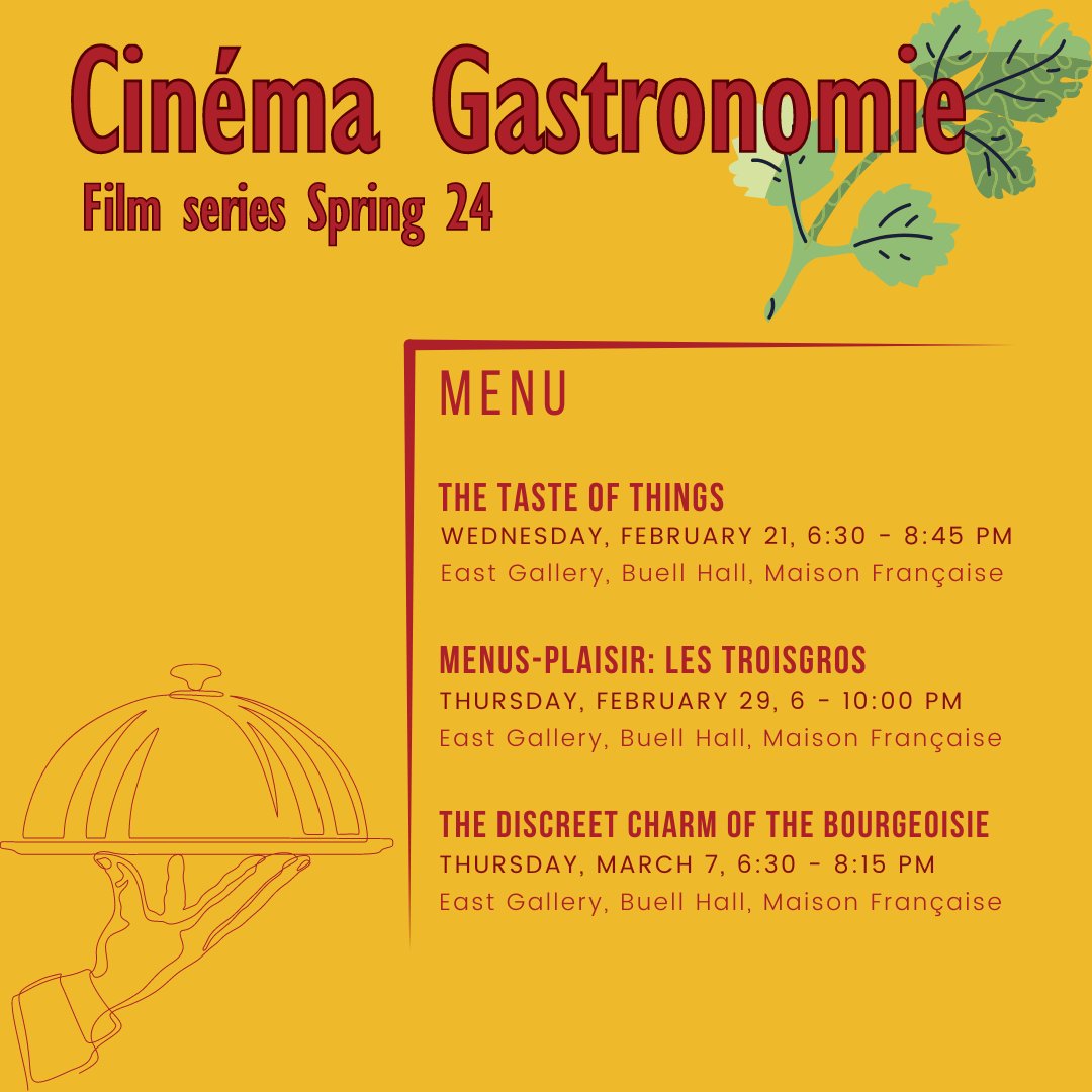Cinéma Gastronomie Film series Spring 24 A short film series on France’s gourmand tradition. Join us on February 29 for Menus-plaisirs: les Troisgros by Frederick Wiseman and on March 7 for The Discreet Charm of the Bourgeoisie by Luis Buñuel. eventbrite.com/e/menus-plaisi…