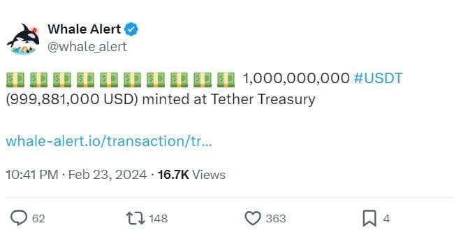AshCrypto's tweet photo. 🚨 BREAKING 🚨

1,000,000,000 $USDT HAS BEEN 
MINTED AT TETHER TREASURY

BULLISH 🔥 https://t.co/MeXr0nJn1t