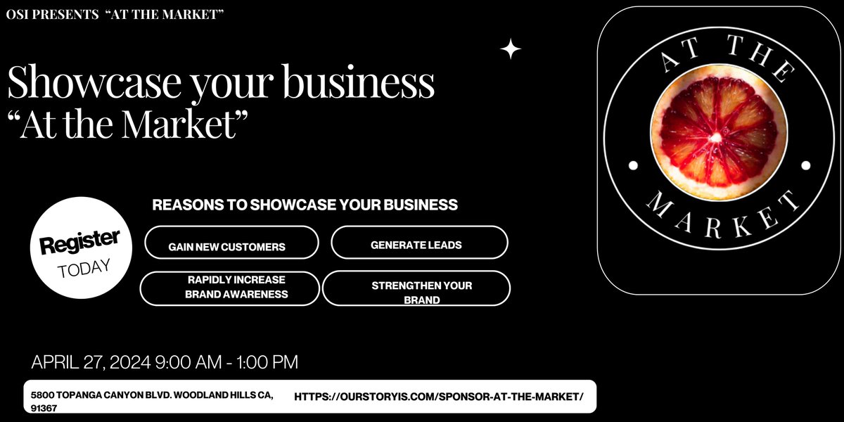 OurStoryIs_'s tweet photo. Join us "At the Market" on April 27, 2024, 9:00 am - 1:00 pm. In Woodland Hills, CA! Showcase your natural products, services, &amp; healthy foods. Don't miss this opportunity to connect with potential customers and grow your business. https://t.co/hrWzPQ2PGt https://t.co/9SC3z4otY5 https://t.co/Wo9vpfU2RQ