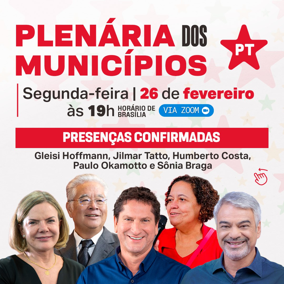 PTPaulista13's tweet photo. Participe da Plenária dos Municípios PT 2024 🚩 26 de fevereiro, segunda-feira, às 19h via Zoom ⏰

🎯 O Partido dos Trabalhadores e das Trabalhadoras convoca você, Presidentes/as Municipal e Estadual e Secretários/as de Organização do PT, para a Plenária dos Municípios 👆 https://t.co/9bottek6Ld