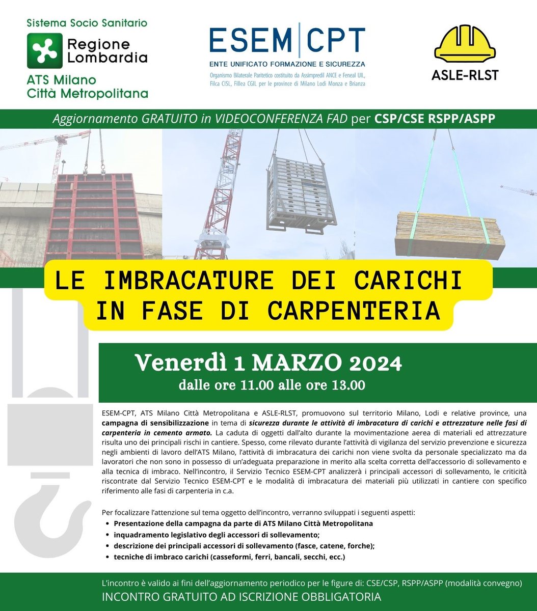 LE IMBRACATURE DEI CARICHI IN FASE DI CARPENTERIA
Venerdì 1 marzo 2024 dalle ore 11 alle ore 13

L’incontro GRATUITO è valido ai fini dell’aggiornamento periodico per le figure di: #CSE #CSP, #RSPP #ASPP (modalità convegno)

ISCIRZIONI su esem-cpt.it/attivita-o-ser…