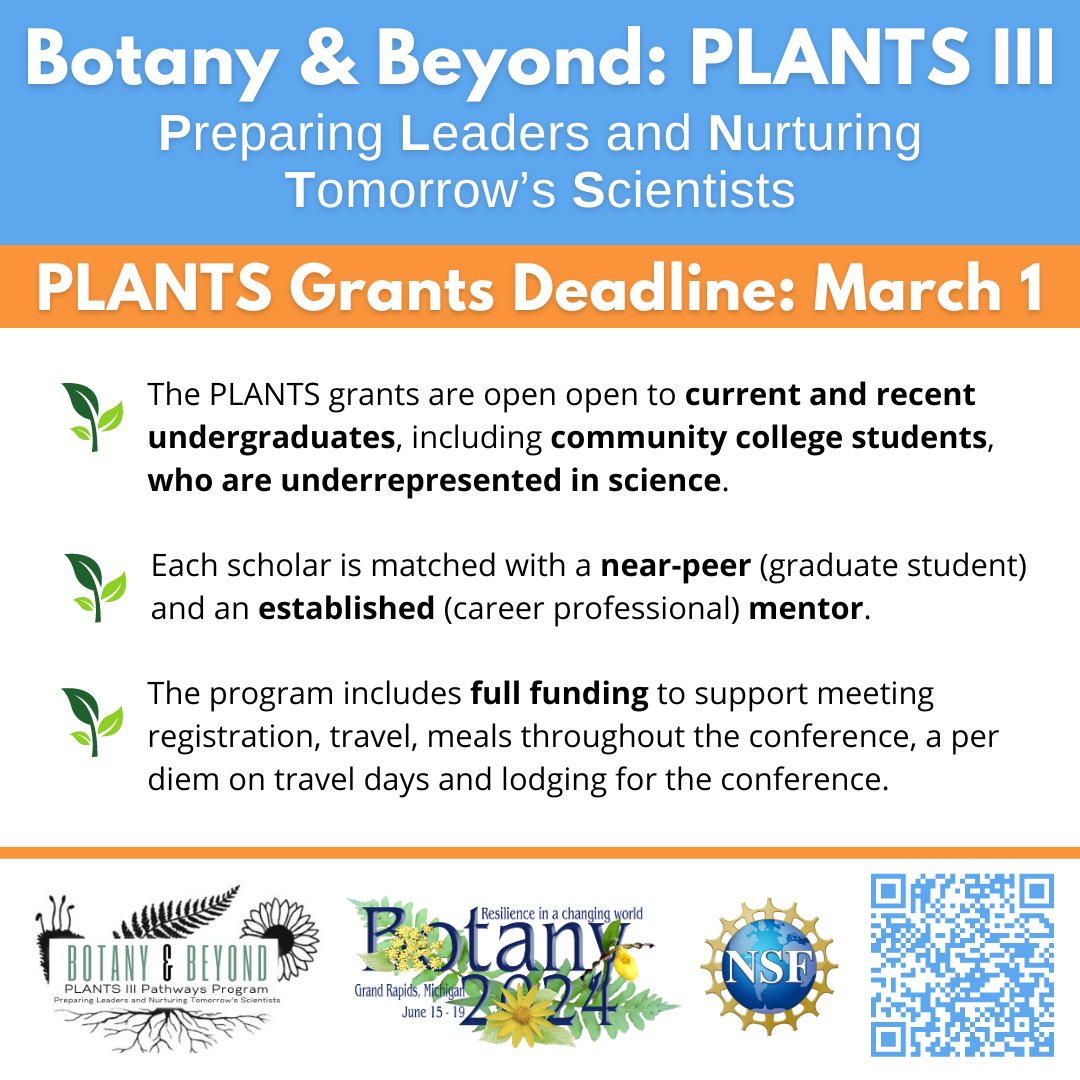 Please share this fantastic opportunity of a mentored experience at #Botany2024 with underrepresented plant-science-curious undergrads that you know! The deadline to apply is March 1, 2024. Visit: botany.org/home/awards/tr… Mentor applications are now open too! #PLANTSgrants