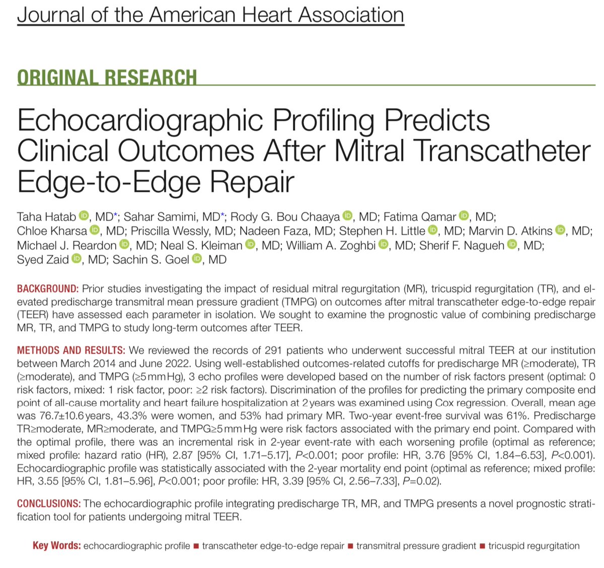 🛑🛑🛑 Check out our work @JAHA_AHA Echocardiographic profile integrating pre-discharge TR, MR, and TMPG presents a novel prognostic stratification tool for patients undergoing mitral TEER. First of many co-authored with @SaharSamimii! ahajournals.org/doi/10.1161/JA… 🛑🛑🛑